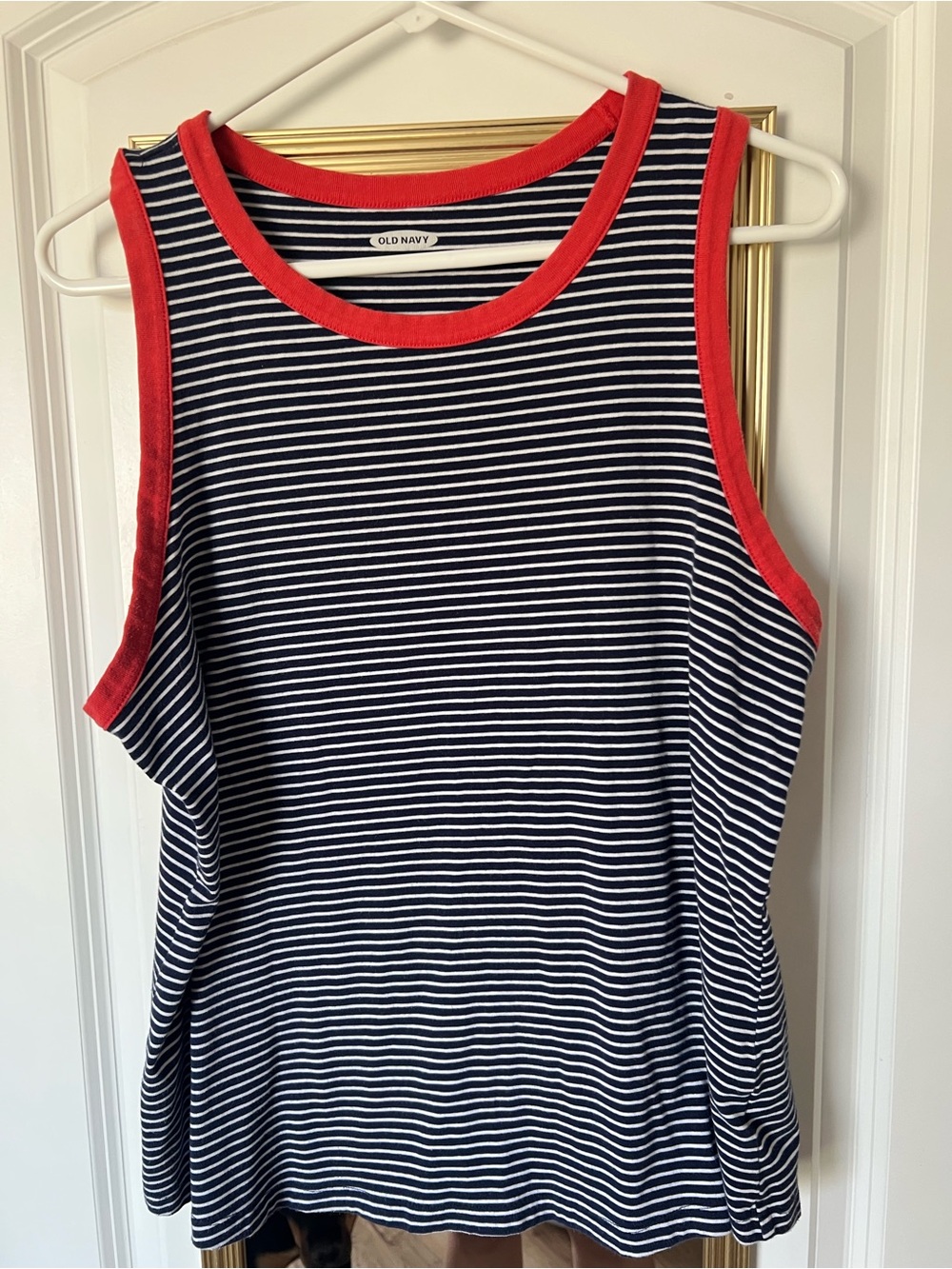 Old Navy Navy & White slim fit Striped Tank with Red Trim